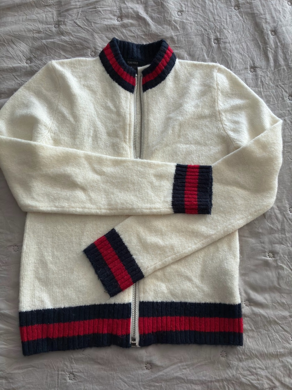 Women’s White Zip-Front Sweater with Navy and Red Trim
